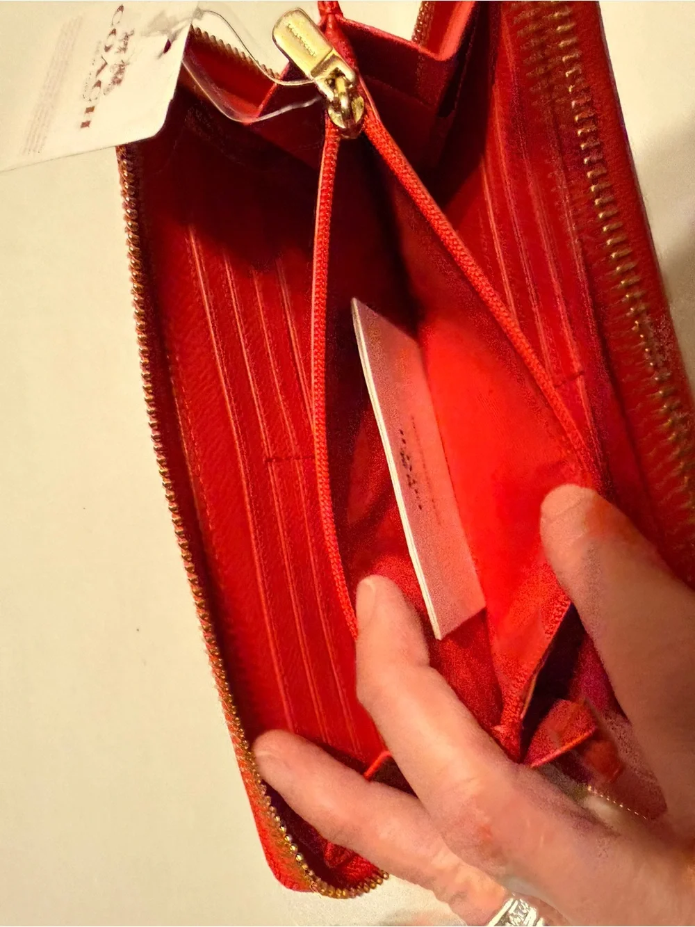 Coach Red Pebbled Leather Zip Wallet with Logo